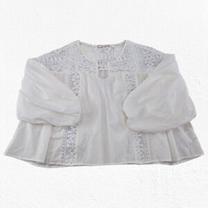 Anthropologie White Boho Lace Balloon Sleeve Cotton Peasant Blouse Size Medium